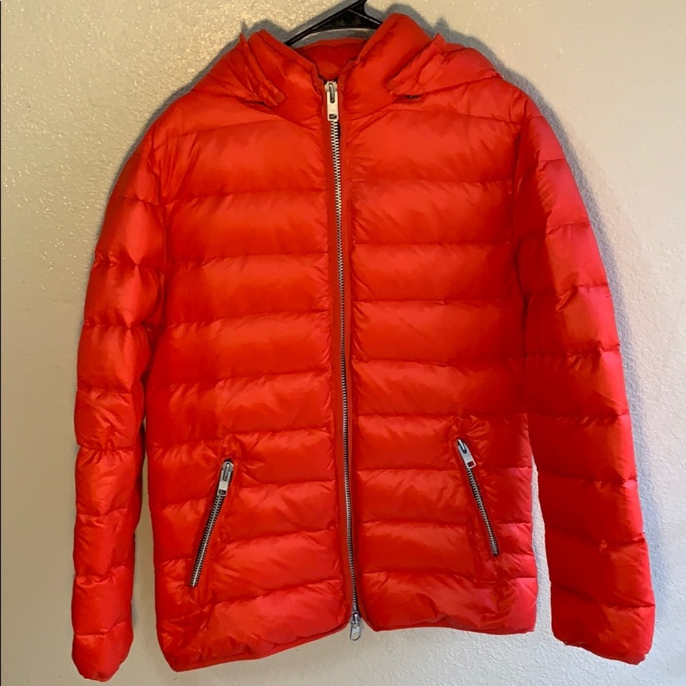 Men’s Orange Puffer Jacket.